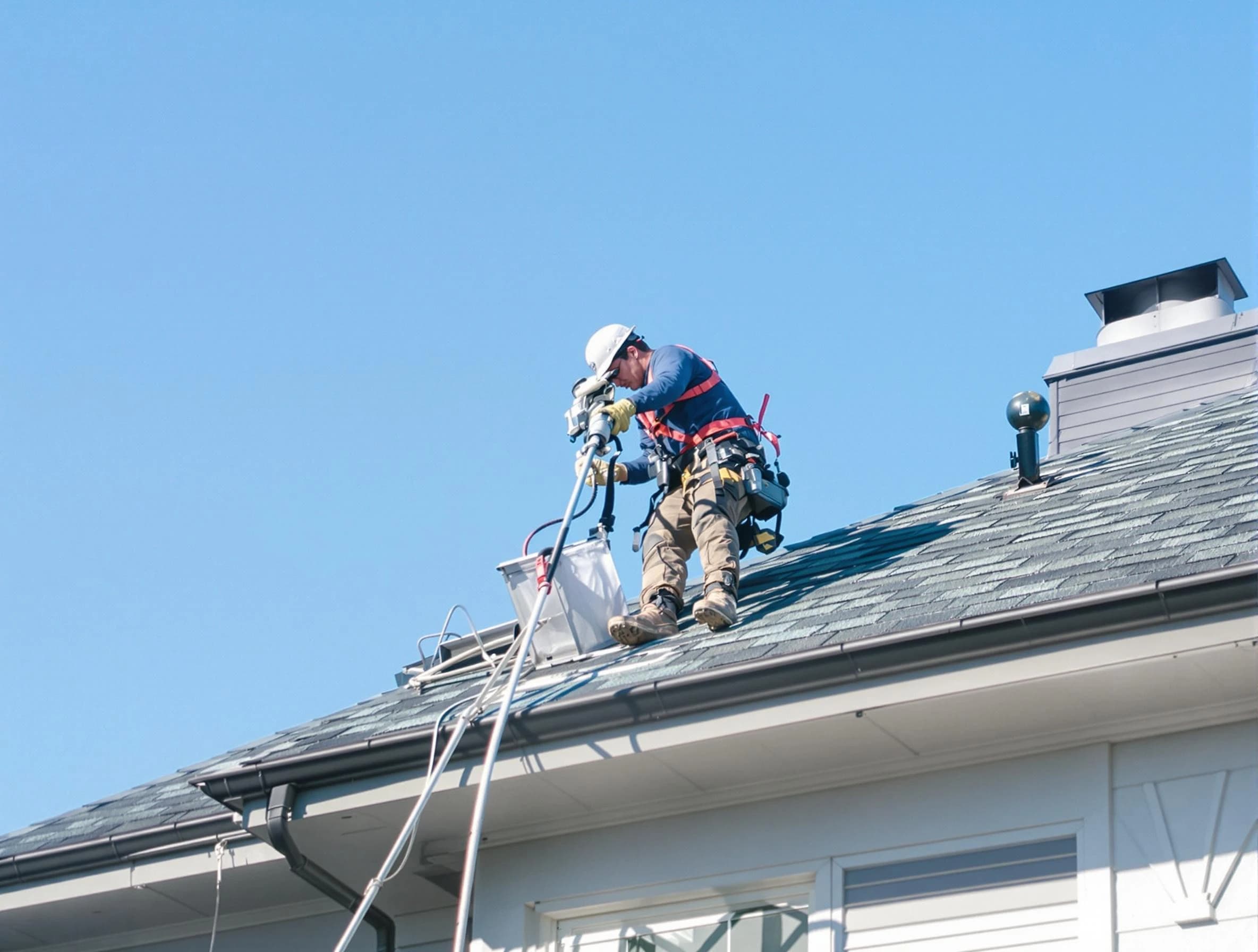 Ambridge Dryer Vent Cleaning certified technician cleaning a roof-mounted dryer vent system in Ambridge