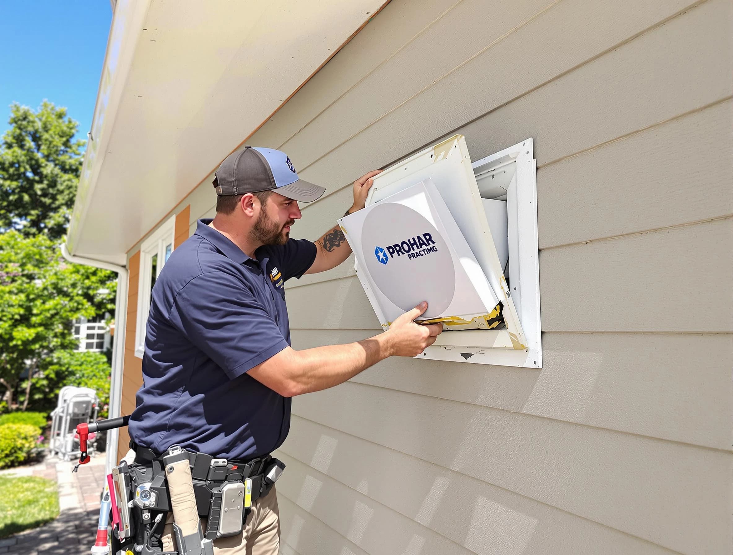 Ambridge Dryer Vent Cleaning technician installing a new protective dryer vent cover on a home in Ambridge