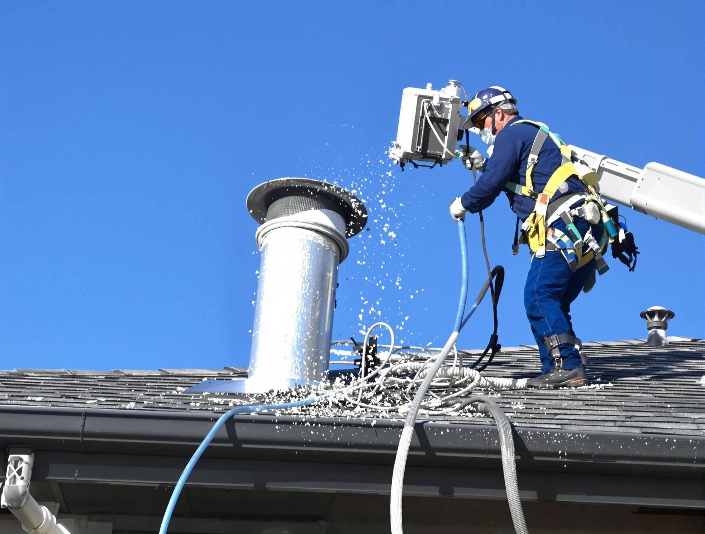 Ambridge Dryer Vent Cleaning certified technician safely cleaning a roof-mounted dryer vent in Ambridge